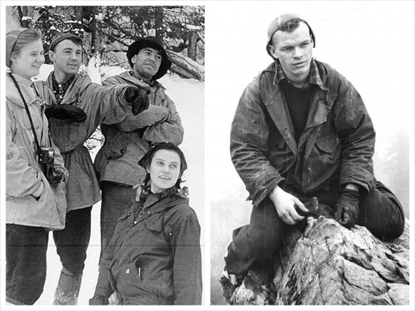 На фотографии слева Людмила Дубинина, Рустем Слободин, Семен Золотарев, Зинаида Колмогорова (слева направо), на фото справа — Игорь Дятлов