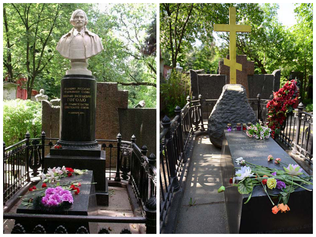Памятник, установленный на могиле Гоголя в 1952 г. (слева); первоначальный вид памятника на могиле Гоголя, восстановленный в 2002 г. (справа)