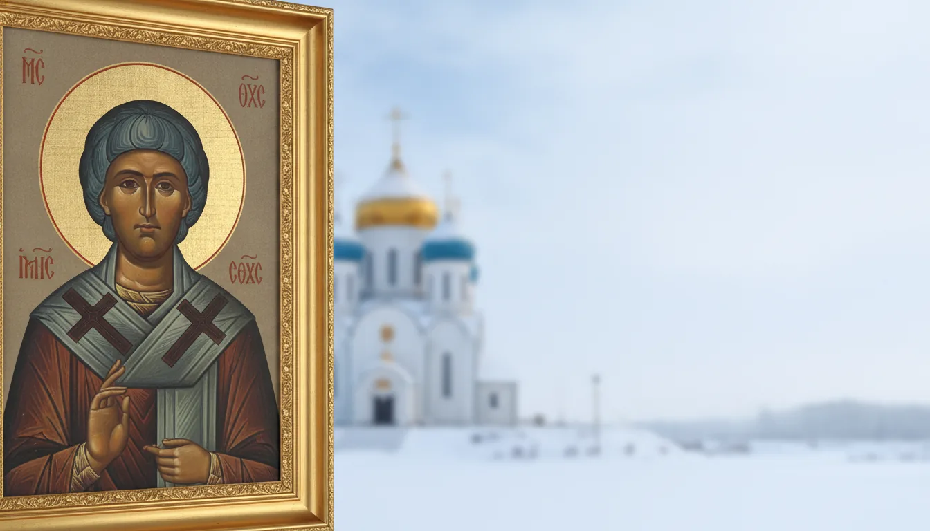 Икона святителя Николая Чудотворца на фоне зимнего храма